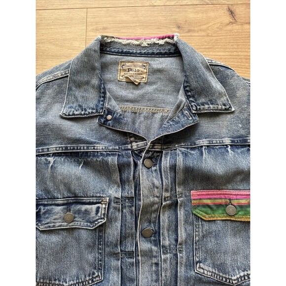 POLO RALPH LAUREN Men’s RENTON Striped Patch Denim Jean Jacket distressed serape - Picture 6 of 12